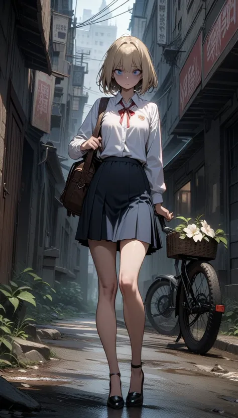 ((best quality)) , ((masterpiece)) , (detailed),The anime depicts an elegant girl with short blonde hair and blue eyes leaning against her bicycle holding flowers in one hand. She has fair skin, wears a white shirt, school uniform skirt, high heels, and th...