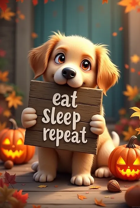 Dog image a sign that says "eat sleep repeat" and halloween pumpkin
