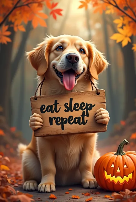 Dog image a sign that says "eat sleep repeat" and halloween pumpkin
