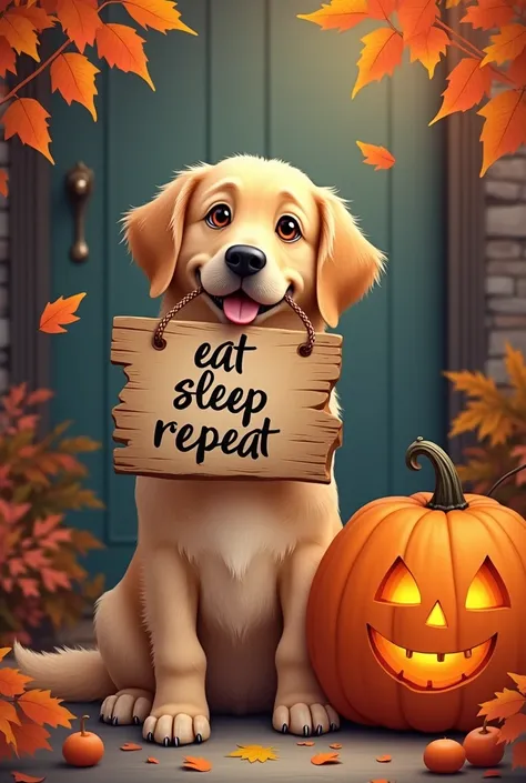 Dog image a sign that says "eat sleep repeat" and halloween pumpkin
