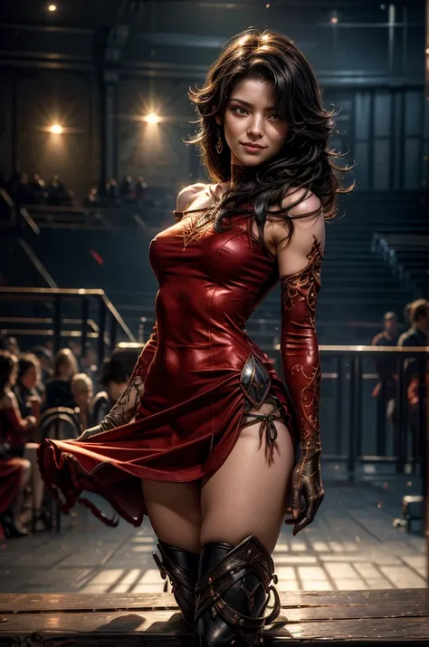 (masterpiece, best quality:1.2), cowboy shot, solo, 1girl, cinder fall, evil smile, looking at viewer, long hair, red dress, elbow gloves, future_urban, standing in theater, orchestra, audience, crowd, (volumetric lighting), intricate details, tonemapping,...