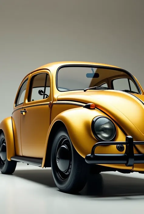 Create a 1962 Beetle in brushed gold color, black bumper trim, round hubcap with all chrome details in black color
