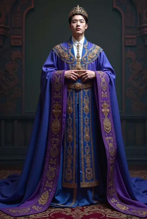 Jimin from bts dressed as royalty, very elegant, purple and blue, black for his bestiary