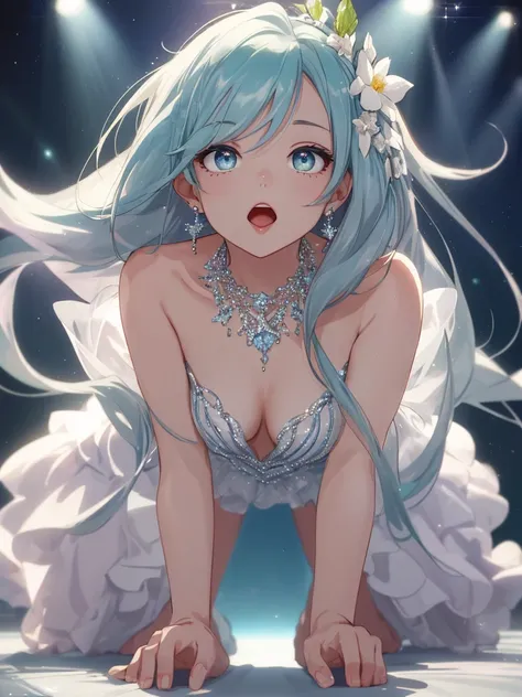 masterpiece, highest quality, figure, alexandrite eyes and hair, platinum earrings, Platinum Necklace, white dress, The Little Mermaid, cute, (dynamic lighting:1.2), cinematic lighting, delicate features, fine eyes, sharp pupils, realistic student, Depth o...