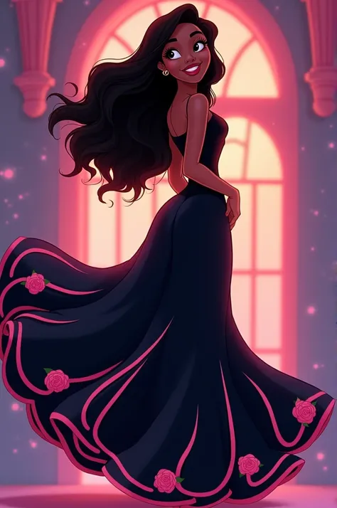 Disney animation,a black woman with long hair,wavy,with a black shirt with a long flared skirt,with seven pink lines and several pink roses on the edge