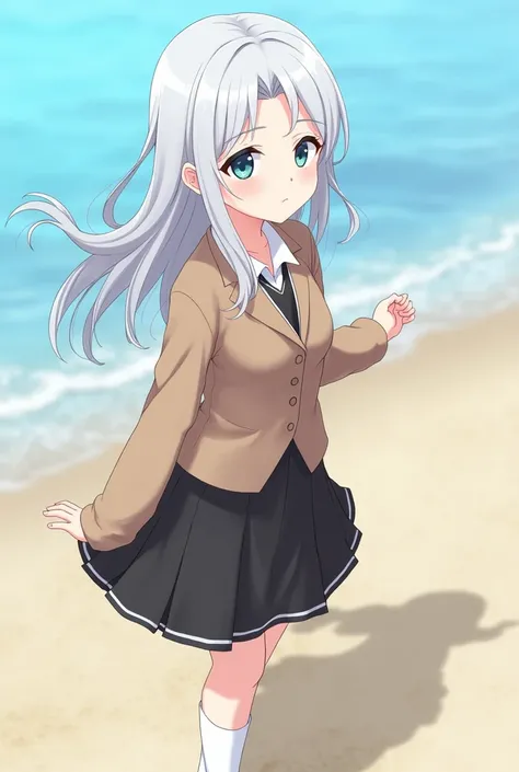 ((masterpiece)), ((Highest quality)), ((High resolution)), ((Highly detailed CG Unity 8k wallpaper)), alone, Tachibana Sonata, Brown uniform, Black Skirt, White socks, Outdoor, face, Beach, Hanging hair, Parted hair, Silver Hair