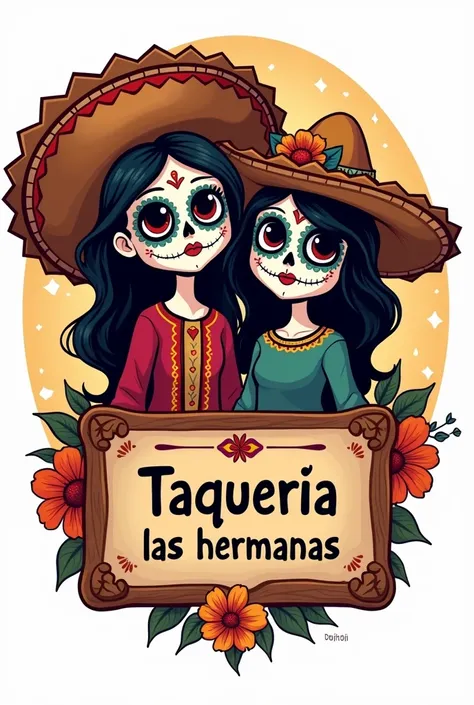 Generates a cartoon-style logo with 2 girls with skull heads, one of the girls with a mariachi hat with a marigold flower, and a sign that says Taquería las hermanas, the background transparent, in the style of the Disney movie Coco