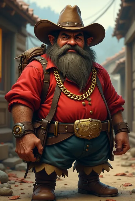 A fat northeastern dwarf with a cowboy hat, a red blouse and a gold chain and a thin goatee