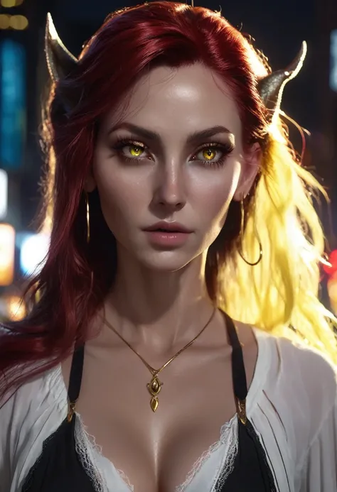 1 woman, inside a city at night, wearing a low-cut white blouse, feminine yellow eyes, detailed black skin, large breasts, hoops in her ears, long red hair, dramatic lighting, cinematic composition, dark palette, small elf ears, dark colors, atmospheric fo...