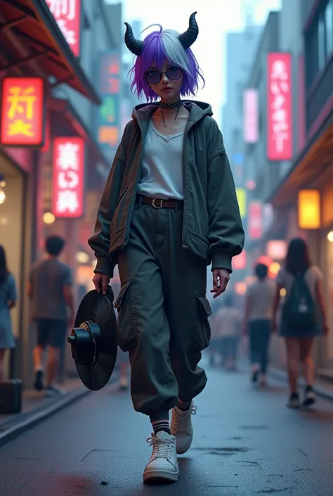 demon girl,Purple and white hair,wear cargo pants, WHITE TENNIS, glass lenses,He carries a broken vinyl record, walking down a Japanese street