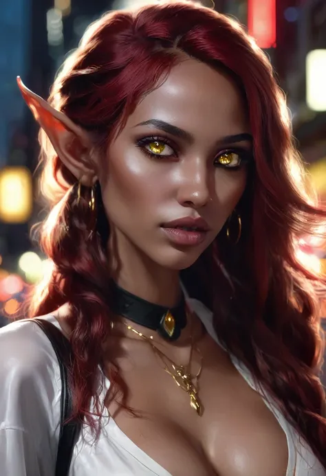 1 woman, inside a city at night, wearing a low-cut white blouse, feminine yellow eyes, BLACK detailed  black skin, large breasts, hoops in her ears, long red hair, dramatic lighting, cinematic composition, dark palette, small elf ears, dark colors, atmosph...