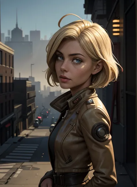 RAW photo of 50 years old Doutzen Kroes (short blond hair, bob cut) wear dirty jacket,  mature woman, masterpiece, best quality, (photorealistic:1.4), Create dystopian masterpieces. Depict the cityscape in the gritty style of the games concept art. This wo...