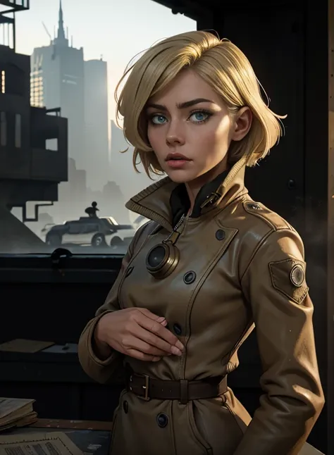 RAW photo of 50 years old Doutzen Kroes (short blond hair, bob cut) wear dirty jacket,  mature woman, masterpiece, best quality, (photorealistic:1.4), Create dystopian masterpieces. Depict the cityscape in the gritty style of the games concept art. This wo...