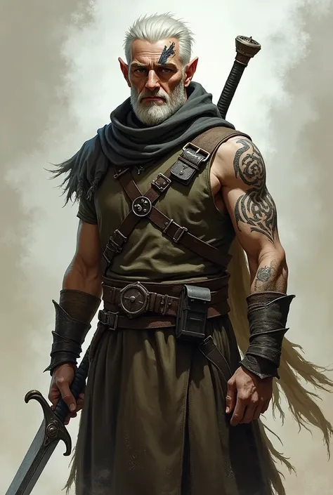 An elf from Eberron with almost white blond hair, a scar over his left eye, wearing an explorer&#39;s outfit, wielding a beautiful sword, and on his left shoulder a tattoo of shadows, and his right arm is completely emaciated. 