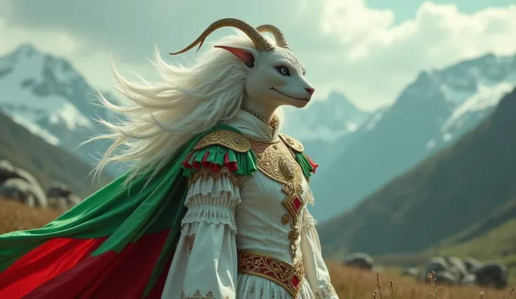 Bulgaria as a european League of Legend creature in white, green and red colors. Intricated clothing. Cinematic Fantasy sci-fi landscape background