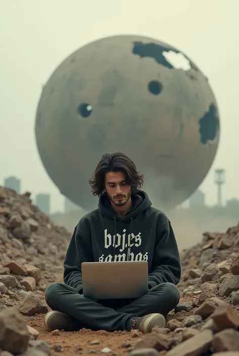 Draw a picture of a post-apocalyptic scene where a handsome man, wearing a hoodie with "bojes sambas" written on it, emo-style hair, sits in the middle of ruins, using a laptop. Behind the man, there was a large spherical structure that appeared damaged an...