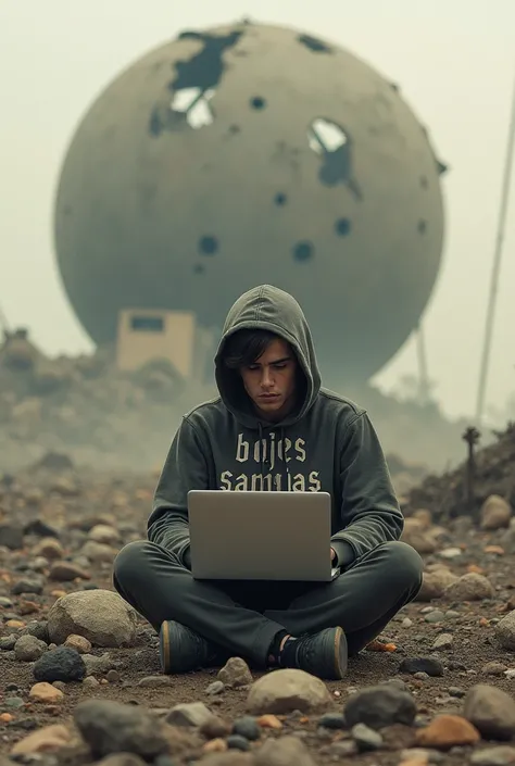 Draw a picture of a post-apocalyptic scene where a handsome man, wearing a hoodie with "bojes sambas" written on it, emo-style hair, sits in the middle of ruins, using a laptop. Behind the man, there was a large spherical structure that appeared damaged an...