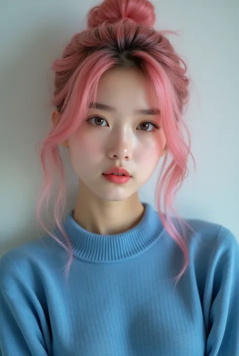 She is cguabinga, real life (((Top quality, 8K, masterpiece: 1.3)),korean greal life,(((natural face natural real life greal life))) , (((Pink hair))), (((Medium chest))), (((Wearing a blue sweater dress))), (((belt))), show off clothes, whole body, Realis...