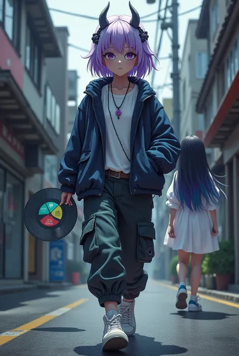 demon girl,Purple and white hair,wear cargo pants, WHITE TENNIS, glass lenses,Behind her an angel who sees her from afar, The female angel wears a white dress and black and turquoise hair. She carries a broken vinyl record., walking down a Japanese street