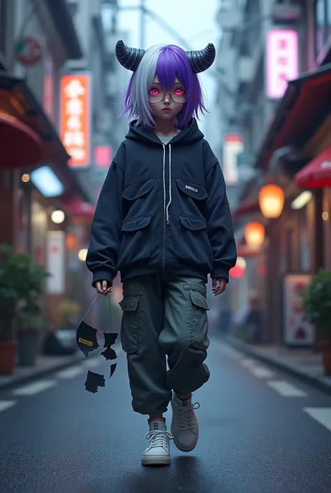 demon girl,Purple and white hair,wear cargo pants, WHITE TENNIS, glass lenses,He carries a broken vinyl record, walking down a Japanese street