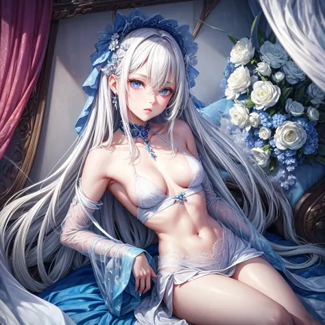 Mogi woman with white hair and blue eyes by the angelic sweet lips sensitive body  