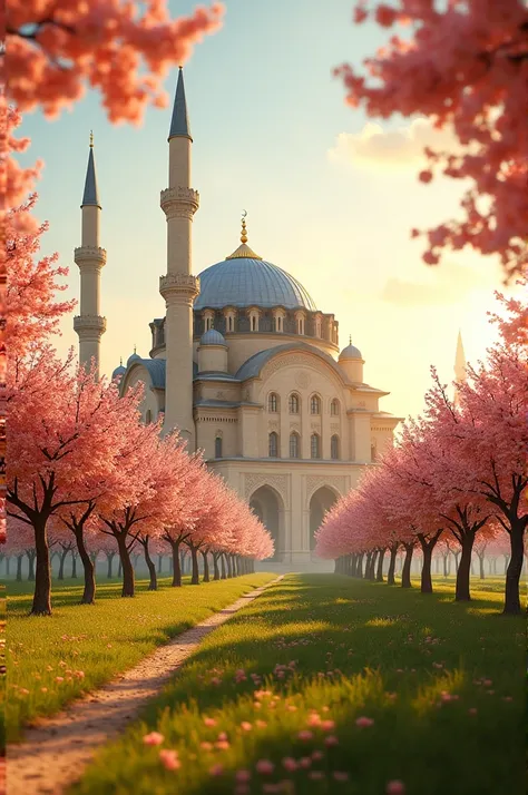 A historical mosque among apricot trees on a sunny day