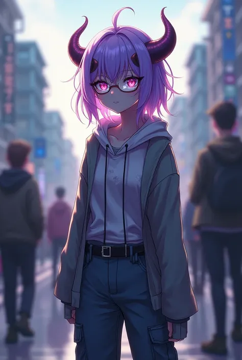 Hornless Demon Girl ,Purple and white hair,wear glass lenses,rainbow colored eyes, wear cargo pants, watch people pass by