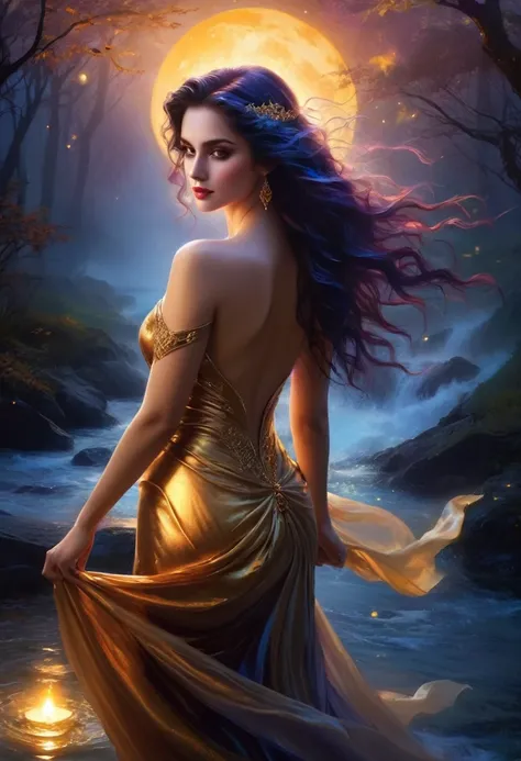 In twilight hues, a seductress emerges, a bewitching presence amidst haunted surges. Her beauty, a sultry glow in radiant light, a seduction in the darkness of the night. Her eyes, a tempting sparkle like stars above, celestial allure, an invitation to lov...