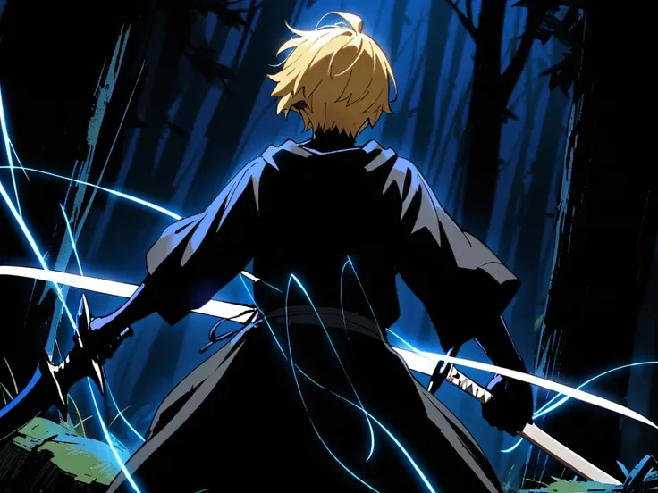 {{cowboy shot, dutch angle, male focus}} {{Artist: Sincos}} young male, solo, tall, lean, handsome, blonde hair, shorest hair, straight short hair, back turned, holding sword, fighting, looking to the right, pov, in front is a black figure black robe, swor...