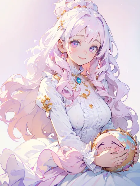 (masterpiece,Highest quality, Very detailed, beautiful, Exquisite, 16K, Full HD), ((smile,Happy:1.5)),get up,((Frills, Sparkling fluffy layered ball gown)), (Pink medium hair,Wavy Hair,Fluffy hair),(White skin,lavender eyes, Long eyelashes, Big eyes,Pale p...