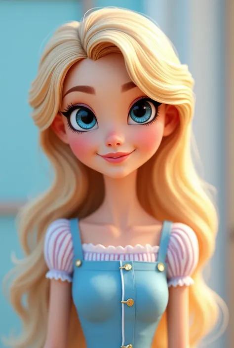 Create Sofia, very beautiful, blonde, shoulder hair, blue eyes the color of the sea, dentist, pastel colors in clothes, smiling, peach skin, maquida and com blush