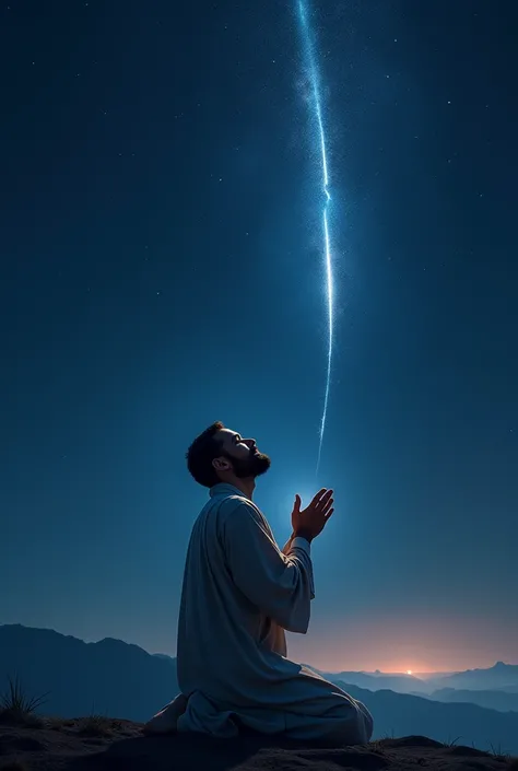 Man praying and looking at the sky, as a shooting star shone brightly in the sky