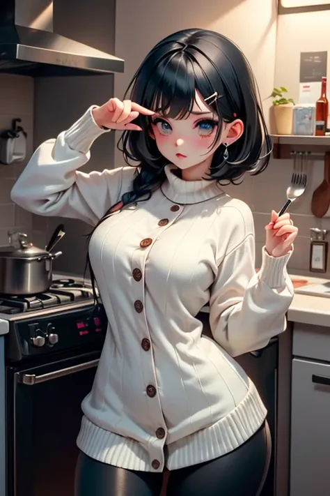 other mother, no eyes, blind, eyes buttons,high resolution, other mother, button eyes, scary, sweater, short black hair, tight pants, buttons, pose, jewelry, busty, huge bulging glutes, huge ass, looking at viewer, thick thighs, wide hips, slim waist, (sho...