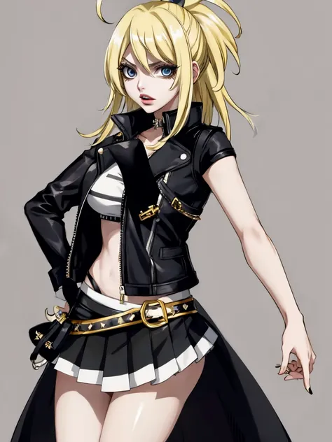 lucy heartfilia, blackquality hair, white skin covered in white makeup, punk clothes