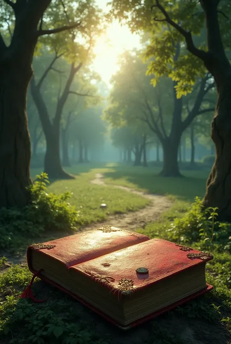 A red book with yellowed pages and the scene is in a park that looks like real life and gives a feeling of fear.