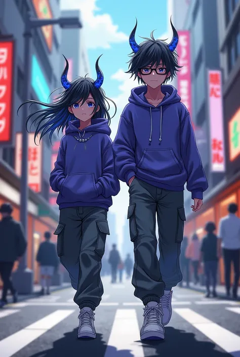 Angel girl and her demon friend,They both have black, blue and white hair., purple sweatshirt,cargo pants, WHITE TENNIS, Glass lenses walk down a street in Japan 