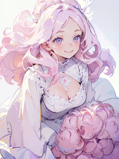 (masterpiece,Highest quality, Very detailed, beautiful, Exquisite, 16K, Full HD), ((smile,Happy:1.5)),get up,((Frills, Sparkling fluffy layered ball gown)), (Pink medium hair,Wavy Hair,Fluffy hair),(White skin,lavender eyes, Long eyelashes, Big eyes,Pale p...