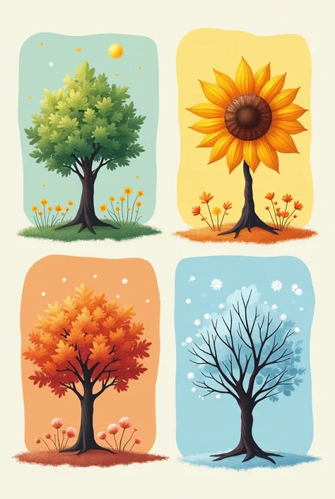 illustration representing the four seasons of the year: spring time, summer, autumn and winter. 