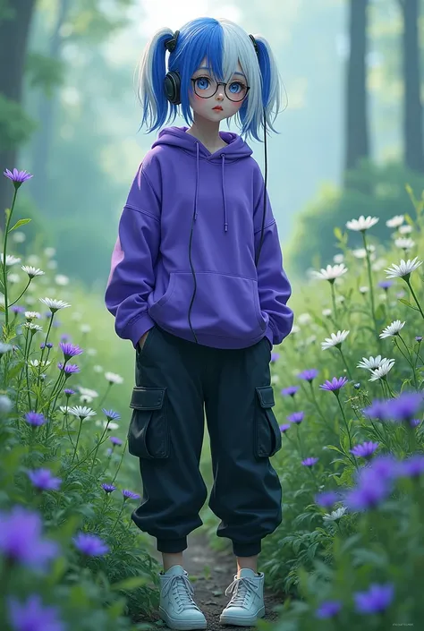 demon girl, Blue and White Hair Color,glass lenses, purple sweatshirt,WHITE TENNIS, black cargo pants,Listening to music in a green field with purple and white flowers empty 