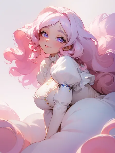 (masterpiece,Highest quality, Very detailed, beautiful, Exquisite, 16K, Full HD), ((smile,Happy:1.5)),get up,((Frills, Sparkling fluffy layered ball gown)), (Pink medium hair,Wavy Hair,Fluffy hair),(White skin,lavender eyes, Long eyelashes, Big eyes,Pale p...