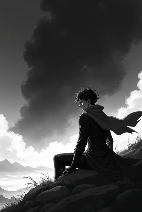  black and white 2d anime style image of a male character. the character is on his back, looking at a distant horizon, with a serious and determined countenance. He wears a flowing cape and has styled hair that moves in the wind.. cel shadow, representing ...