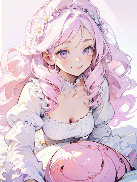 (masterpiece,Highest quality, Very detailed, beautiful, Exquisite, 16K, Full HD), ((smile,Happy:1.5)),get up,((Frills, Sparkling fluffy layered ball gown)), (Pink medium hair,Wavy Hair,Fluffy hair),(White skin,lavender eyes, Long eyelashes, Big eyes,Pale p...