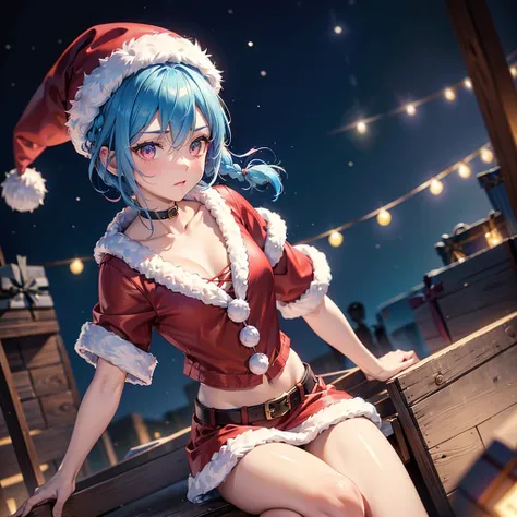 (Sky blue hair),(Braided short hair), (Pink Eyes),Fair skin) ,(whole body),(One Girl),(There are many gift boxes in the background),(Santa Claus clothes),Santa Claus hat,Santa Claus in a hurry,(Christmas Party),(masterpiece, Highest quality, Very detailed,...