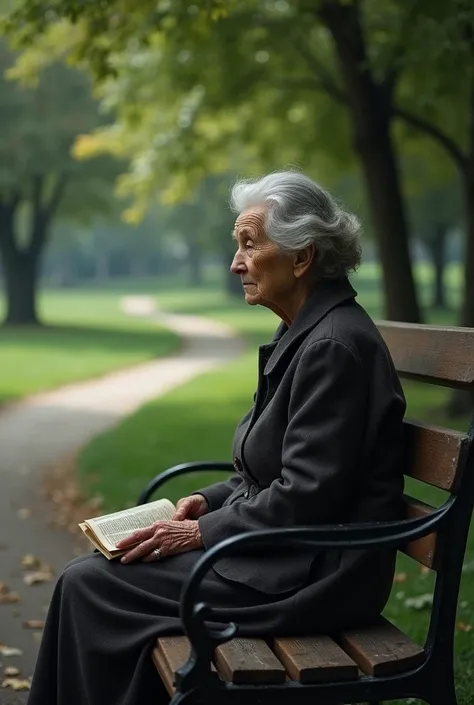 An older woman in the park with a sad expression sitting on a bench