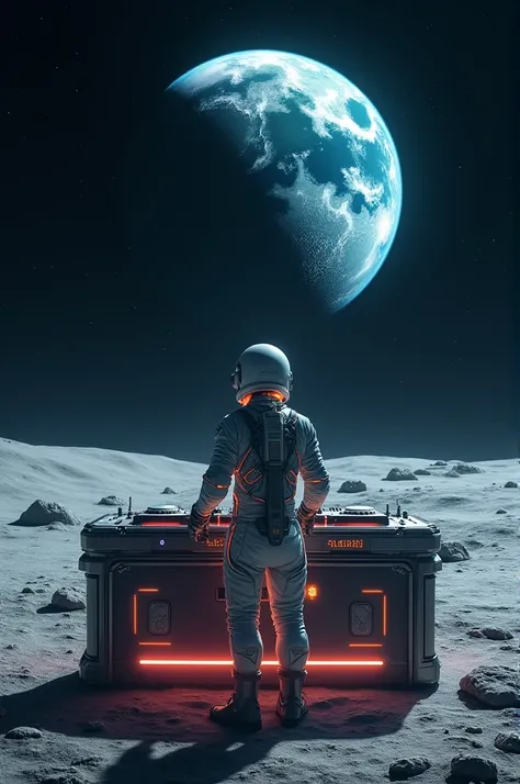 A DJ playing on the moon facing the earth