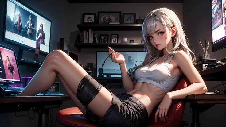 Create a high-quality, detailed image of a beautiful, young anime girl with long, flowing hair, sitting at her gaming PC in a cozy, well-decorated gaming room. She has smooth, flawless skin and delicate features that exude youthful charm. The girl is weari...