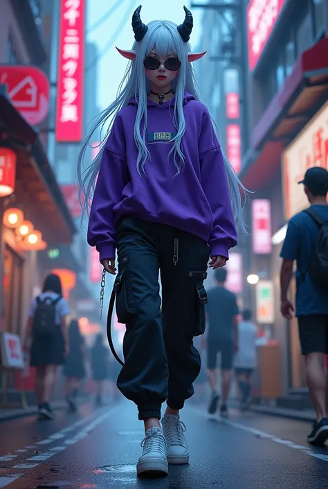 demon girl, White and Royal Blue hairBlack sunglasses,purple sweatshirt,WHITE TENNIS, black cargo pants, walking down a Japanese street 