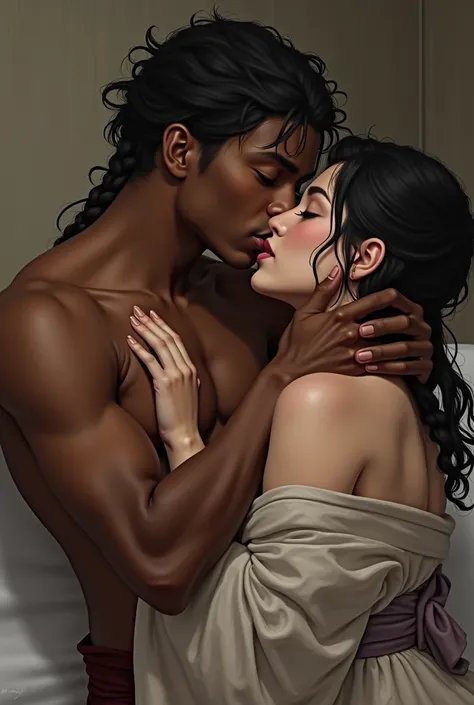 An 18-year-old boy with black skin and black hair tied in braided nagô braids, shirtless and muscular, wearing the pants of a white kimono, untying the top of the kimono of a girl with slightly olive white skin while kissing her neck, who has her eyes clos...