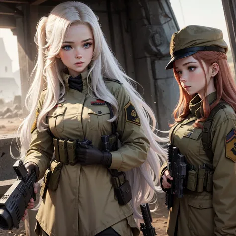 Beautiful white redhead character long wavy hair call of duty soldier war outfit and hot 