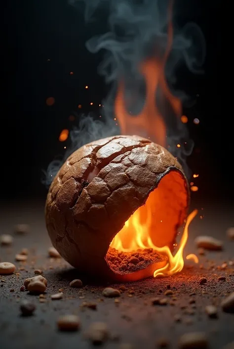 A partially melted and burning nut 

